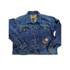 VTG Route 66 Womens Premium Denim Floral Embroidered Truckers Jacket Large